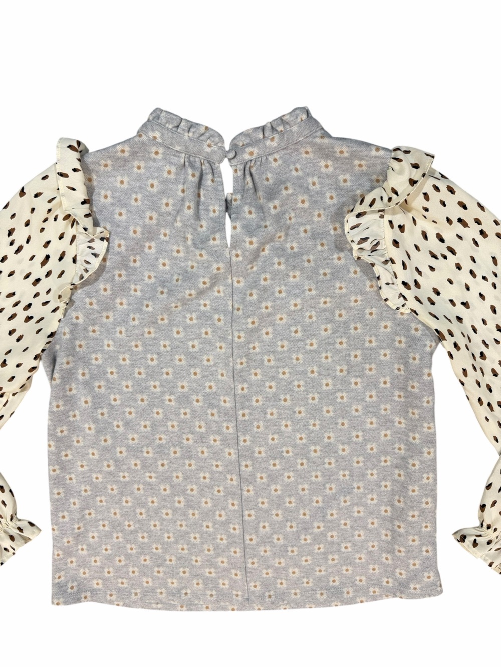 THML Mixed Print Ruffle Sleeve Top | Daisy Floral Knit | Leopard Chiffon Sleeves - Picture 6 of 12